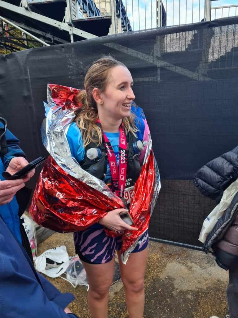 Steph from the Grand Appeal in a foil blanket after the London Marathon.