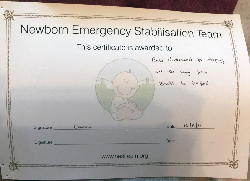 Baby River's certificate from the newborn emergency stabilisation team for travelling from Bristol to Oxford