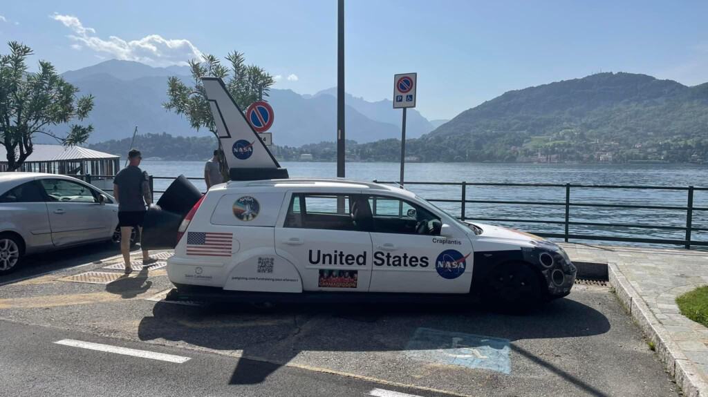 An image of a United States space shuttle themed bust rally car.