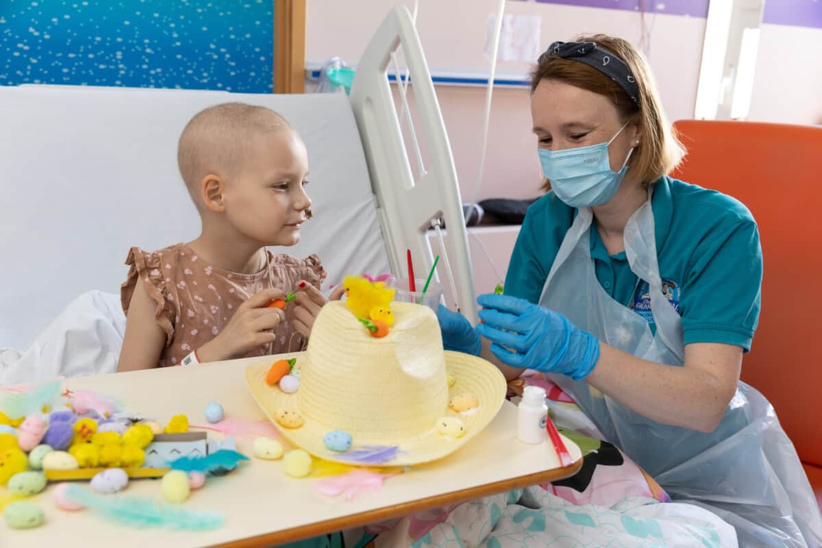 A patient and Play Therapist making Easter bonnets together.