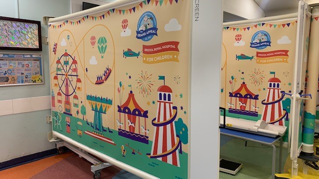 Privacy screens featuring colourful designs in the style of Carousel Outpatients - theme park rides, carousels and flags