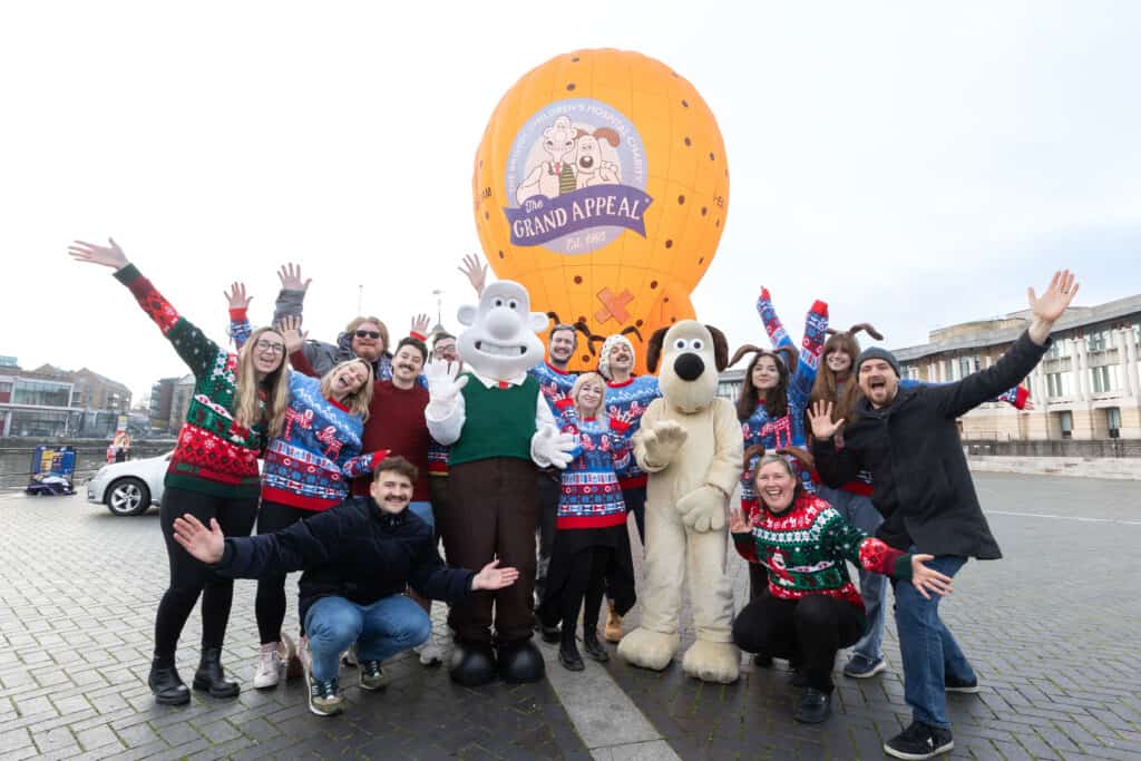 Wallace & Gromit's Moon Rocket Balloon pictured with Yogcast and Wallace & Gromit costumes. 