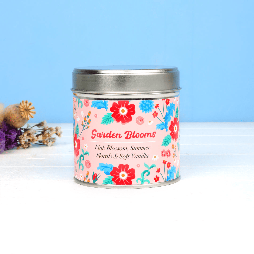 'Inspired by Florals' Candle. Features copy 'Garden bloom'.