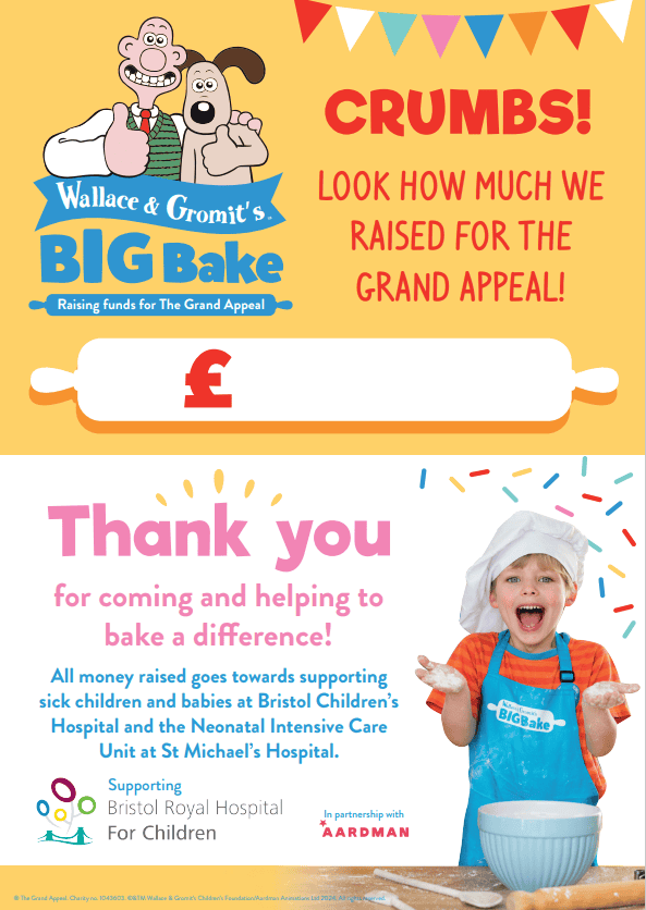 Wallace & Gromit's Big Bake thank you poster
