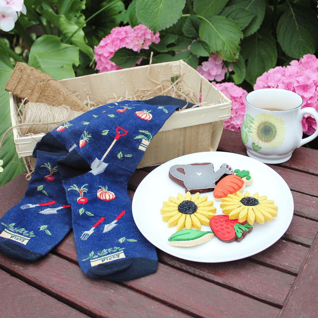 Garden-themed socks and biscuits
